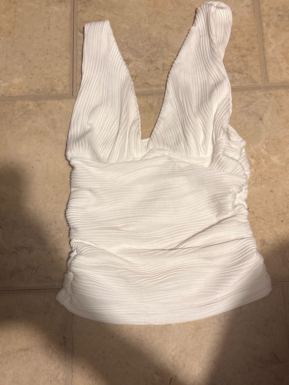 White Textured Sleeveless V-Neck Top